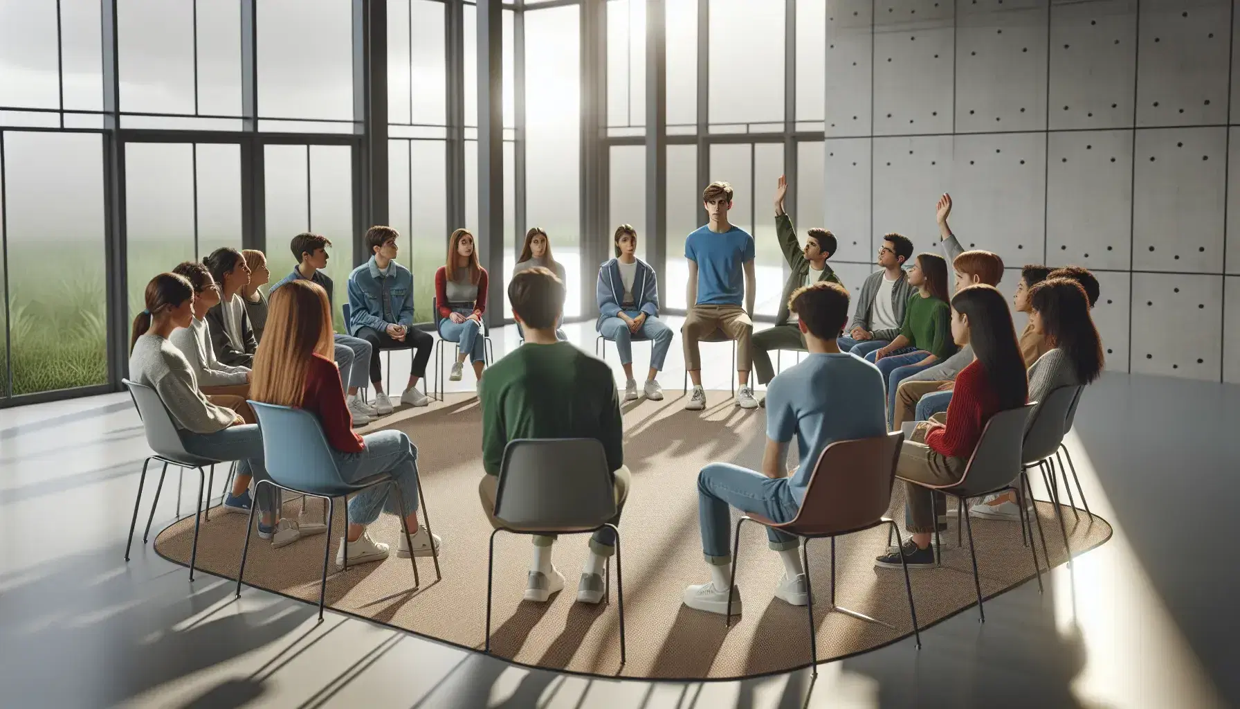 Grupo de jóvenes adultos diversos sentados en semicírculo en una sala iluminada participando en una discusión moderada, con un ambiente de colaboración académica.