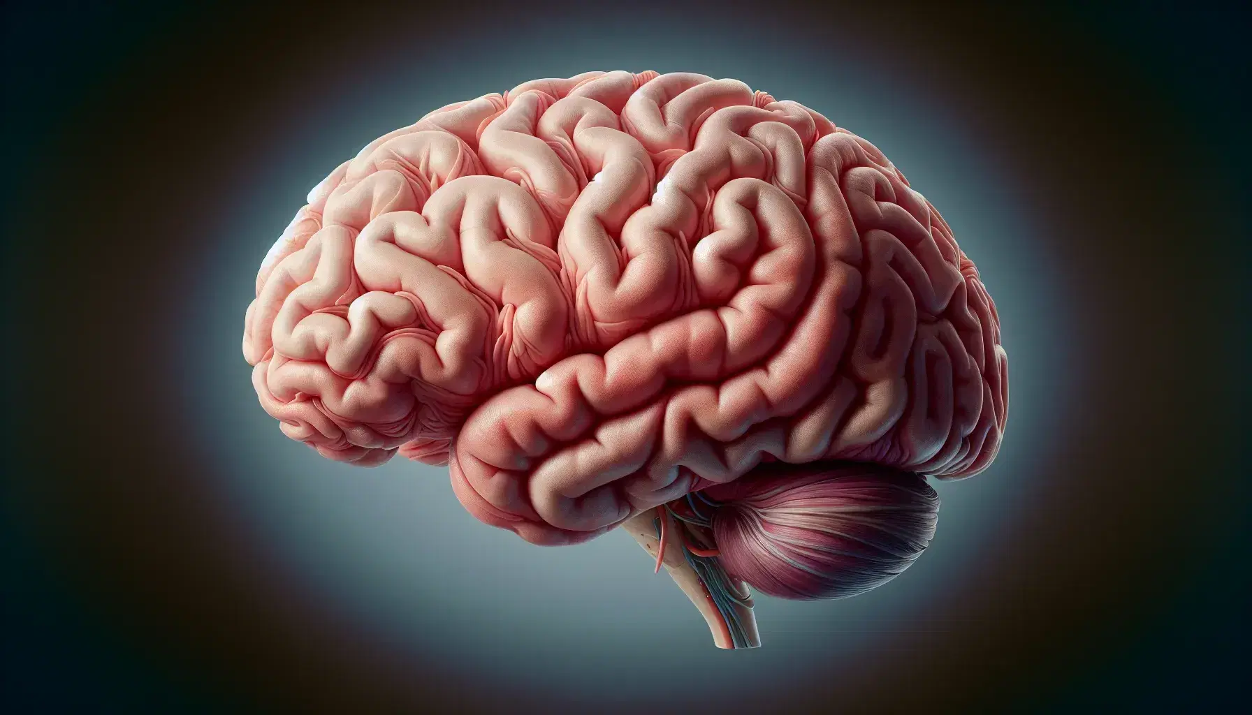 Lateral human brain with cerebral cortex in pink-red shades, clear sulci and convolutions, distinction of the four lobes.
