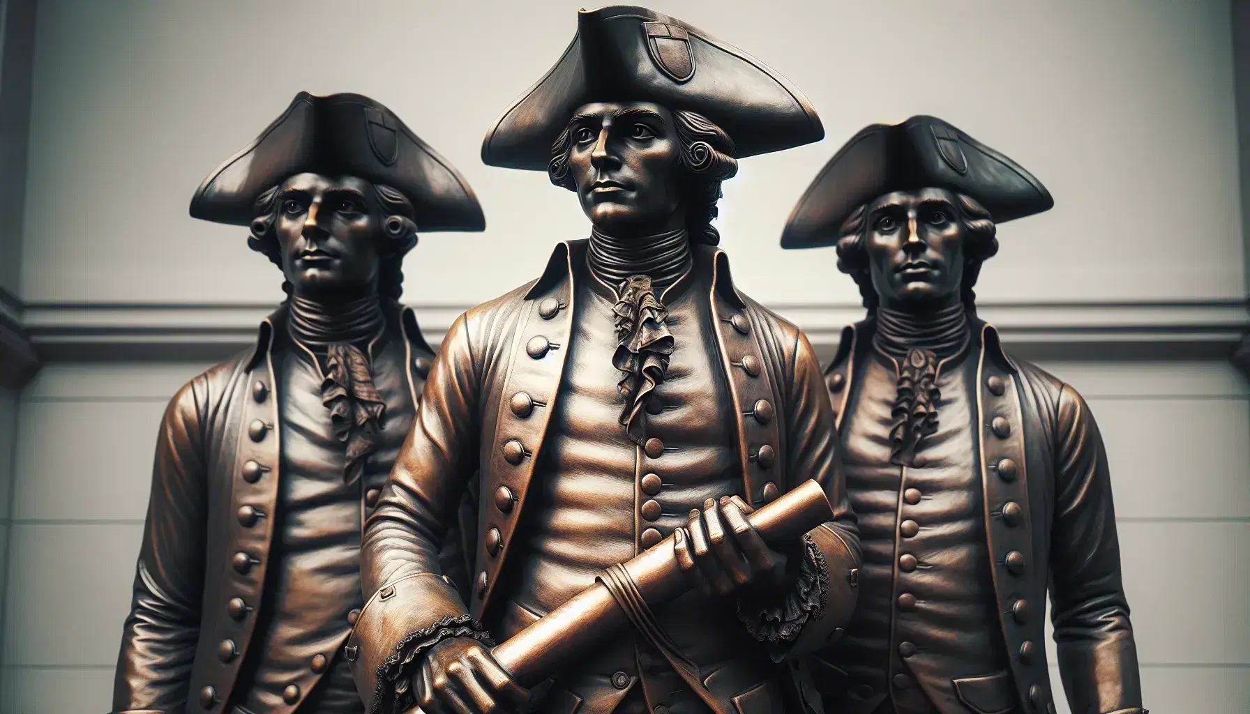 Grupo de estatuas de bronce representando figuras masculinas en atuendo colonial con sombreros tricornio y un rollo de documento.