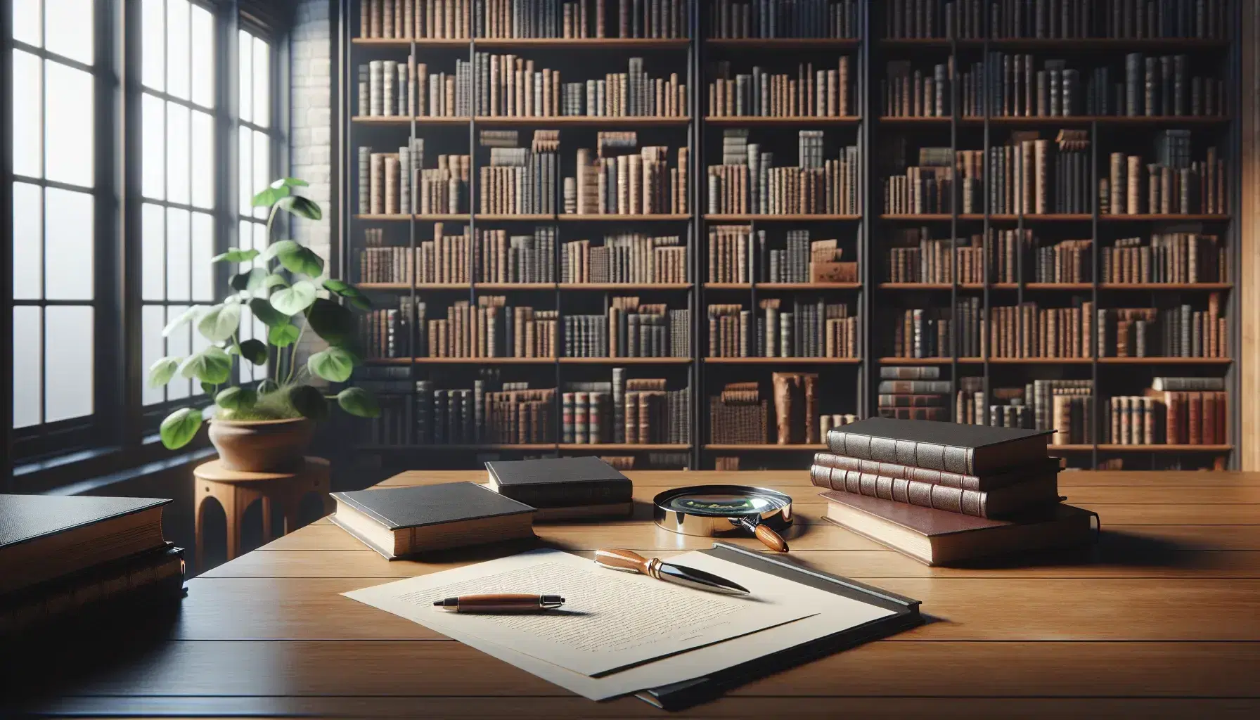 Biblioteca iluminada con estanterías de madera oscura llenas de libros, mesa con papeles desordenados, pluma y lupa, planta verde al fondo.