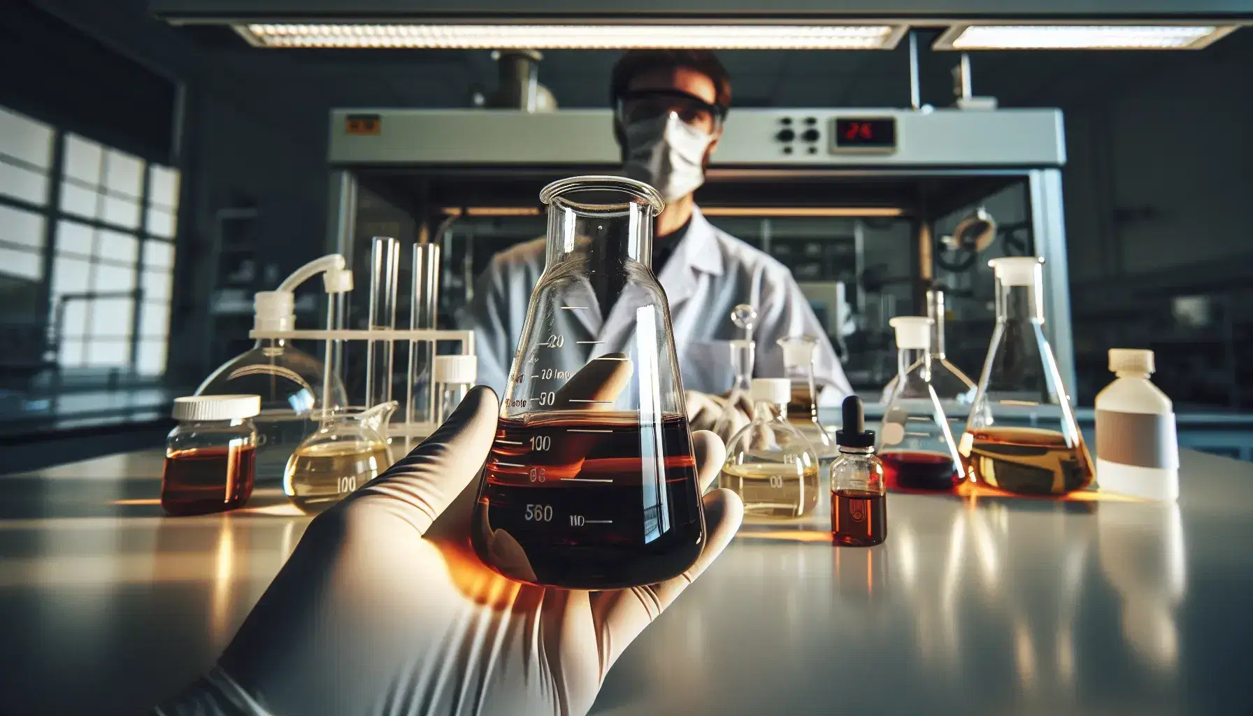Glass beaker with amber liquid held by researcher in white coat and protective gloves in laboratory with hoods and assorted glassware.