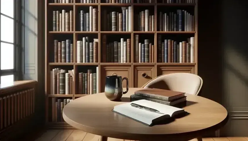 Biblioteca con estantes de madera oscura llenos de libros, mesa con cuaderno abierto y pluma, y taza de café, en ambiente iluminado naturalmente.