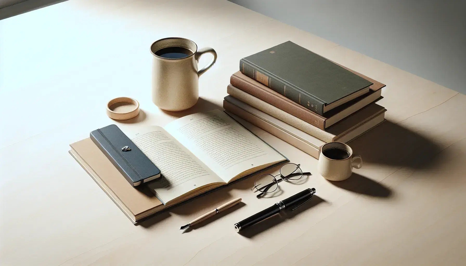Mesa de madera clara con libro abierto, taza de cerámica azul pastel, pluma fuente negra, cuaderno verde y montón de libros con gafas encima.