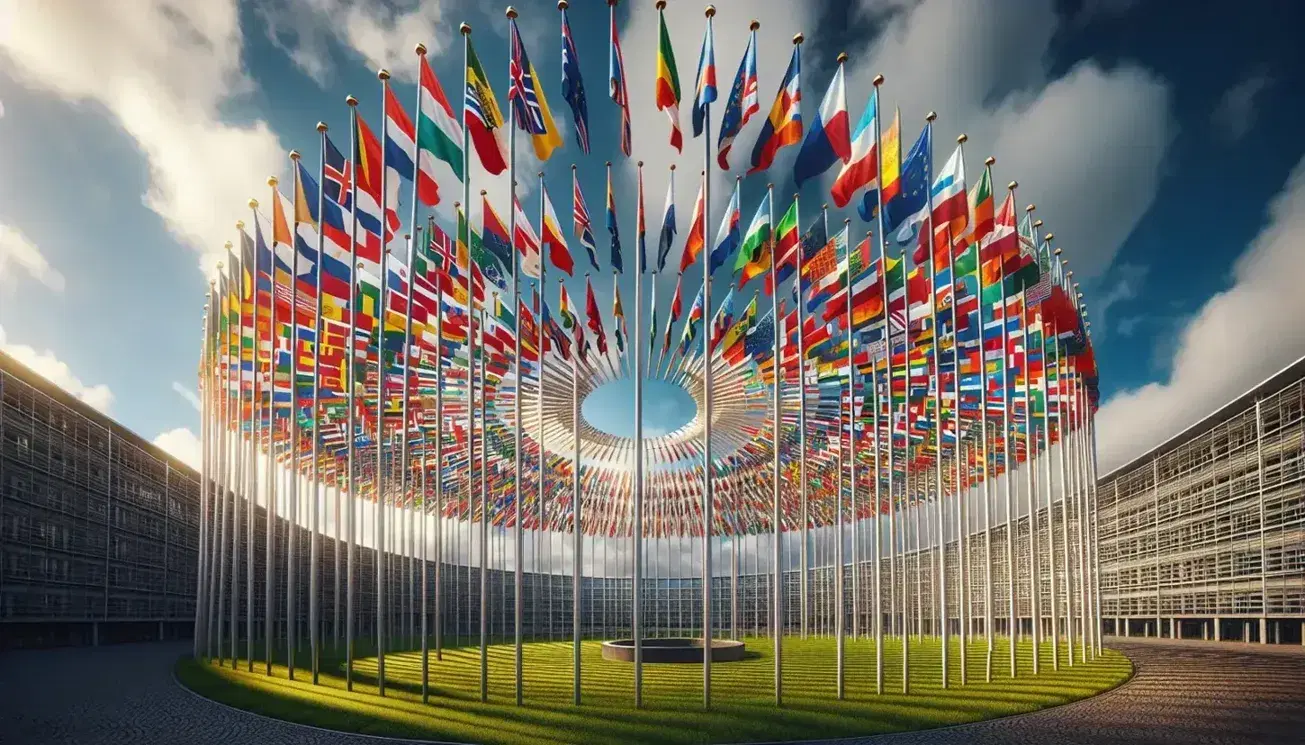 Bandiere dei paesi membri dell'Unione Europea disposte a cerchio intorno a una struttura centrale su prato verde sotto cielo azzurro.