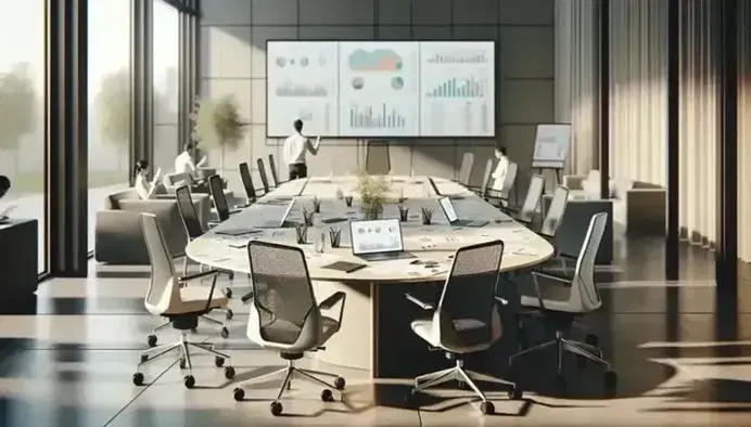 Ufficio moderno e luminoso con tavolo ovale, sedie ergonomiche, laptop, fogli sparsi e persona in primo piano che indica un documento.