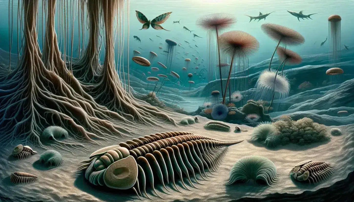 Reconstrucción artística de un paisaje submarino del Paleozoico con un trilobite en primer plano, flora marina y criaturas gelatinosas flotantes en tonos azules y rosas.