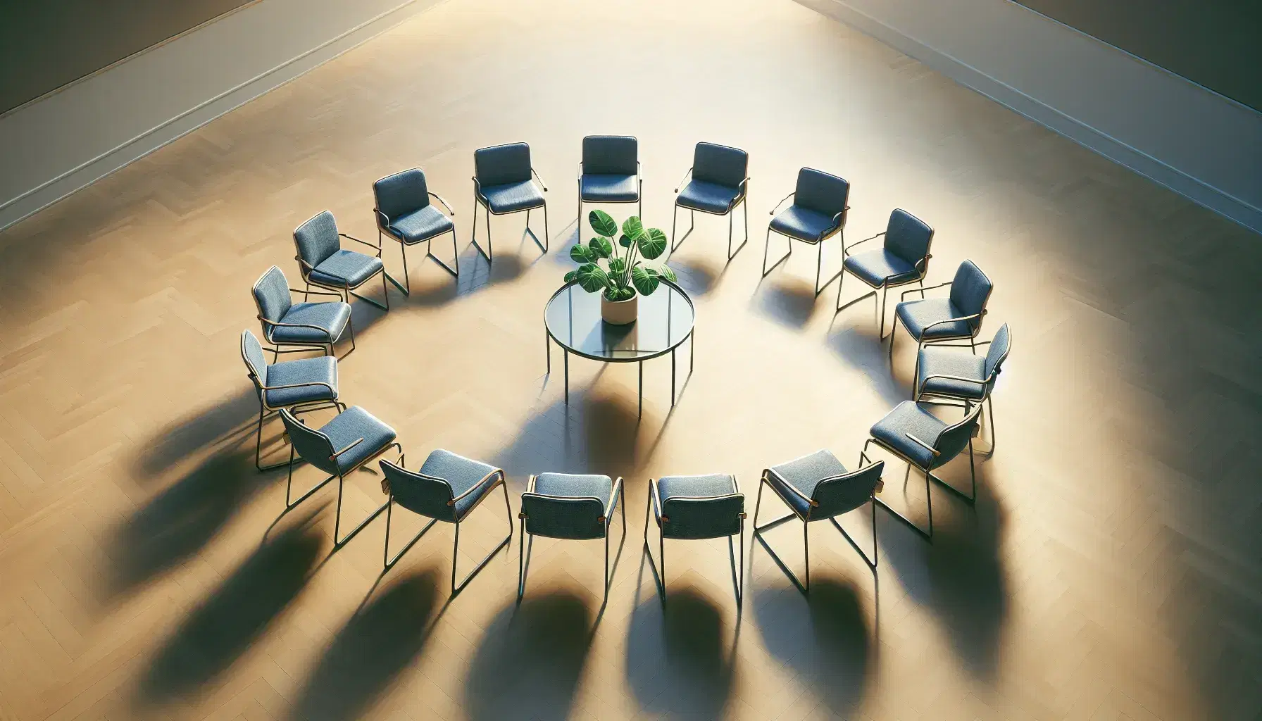 Circle of chairs with blue cushions in an open space for group meetings, central coffee table with green plant, light wooden floor.