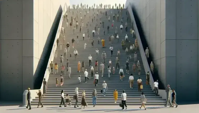 Grupo diverso de personas en escalera ascendente con vestimenta que varía de casual a formal según la altura, sin fondo específico.