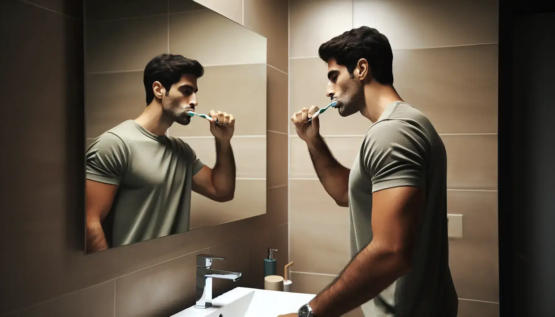 Middle-Eastern man brushing teeth in front of a bathroom mirror, wearing a short-sleeved shirt, with a neutral-toned tiled wall and well-lit sink area.