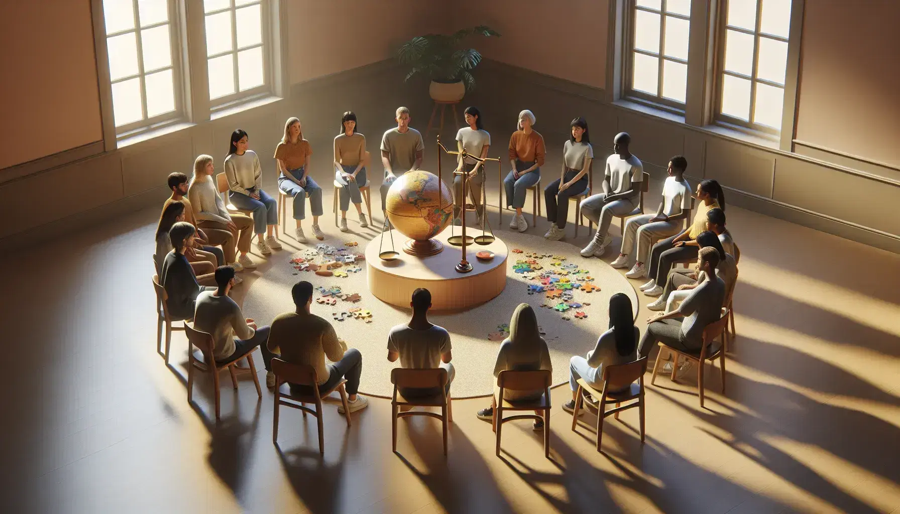 Grupo diverso de personas en círculo discutiendo activamente alrededor de una mesa con un globo, balanza y rompecabezas en una sala iluminada naturalmente.