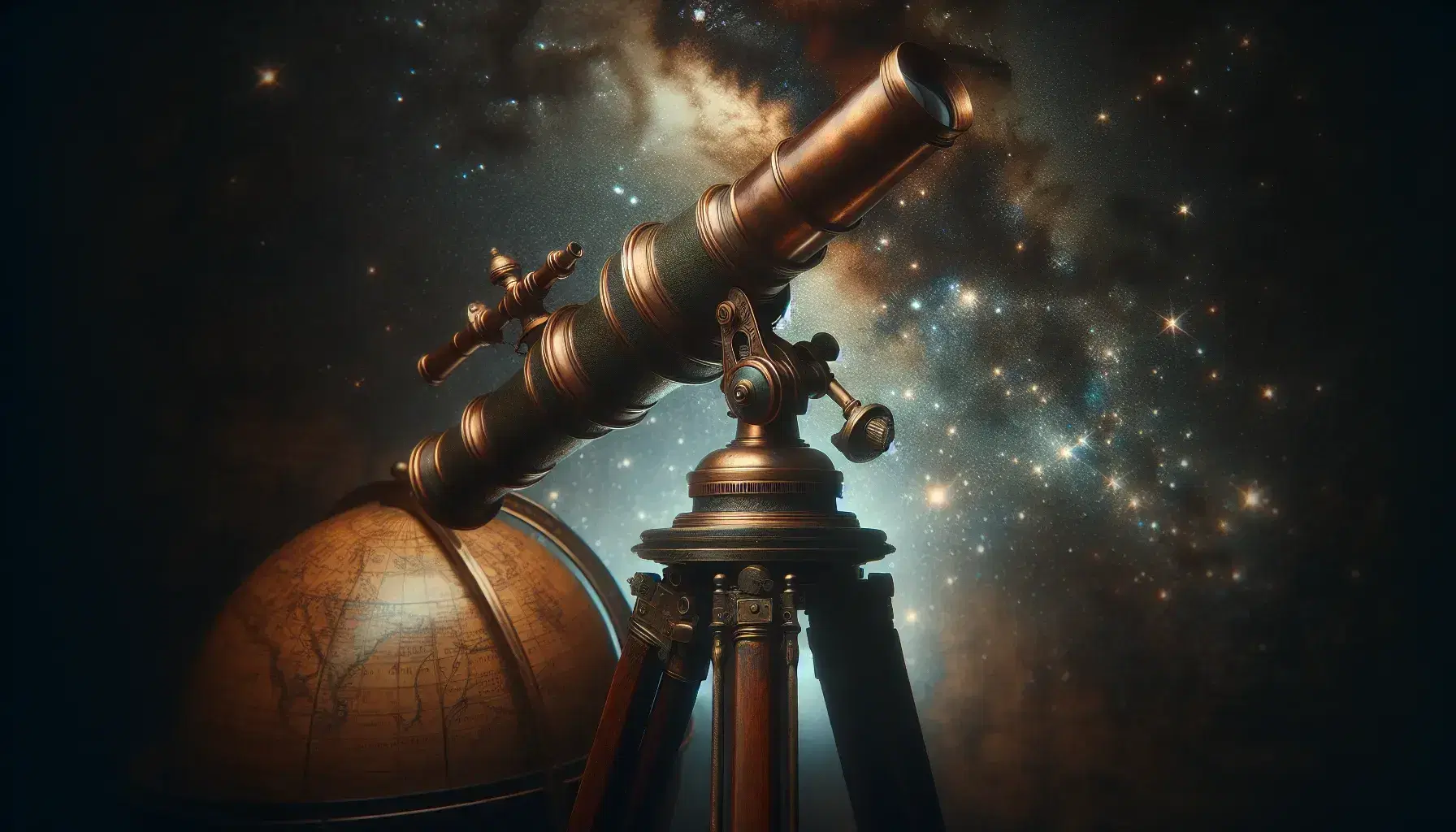 Telescopio antico in bronzo su treppiede di legno scuro con sfondo di cielo stellato e parte di mappamondo antico sfocato.
