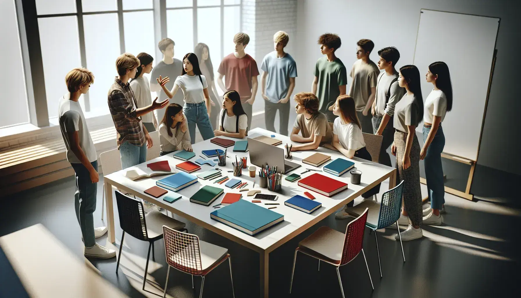 Grupo de estudiantes diversos colaborando alrededor de una mesa con laptop y cuadernos en un aula iluminada.