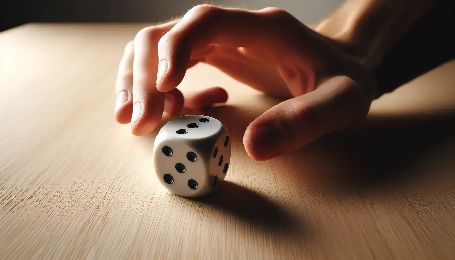 Mano sujetando dado blanco a punto de lanzarlo sobre mesa de madera clara, con sombra suave y enfoque en la acción de juego.