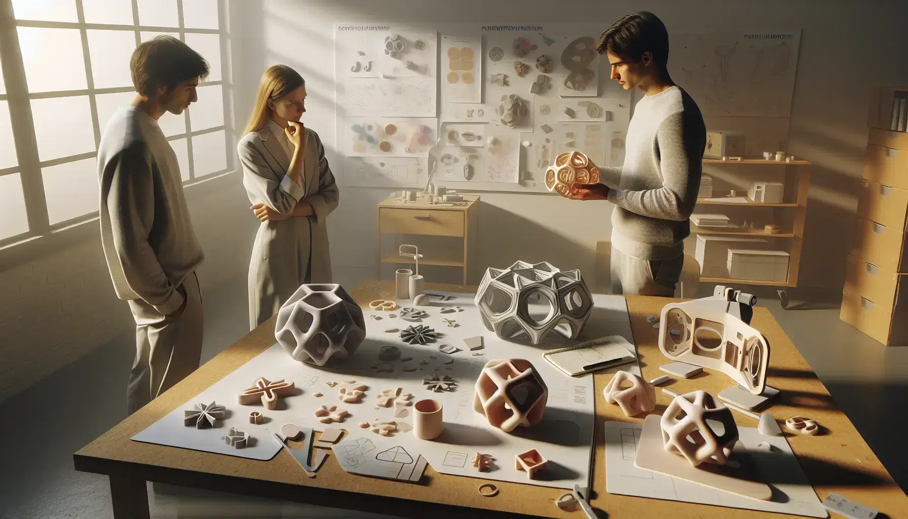 Tres profesionales colaboran en torno a una mesa de trabajo observando prototipos 3D, con un fondo de pizarra con gráficos y luz natural.