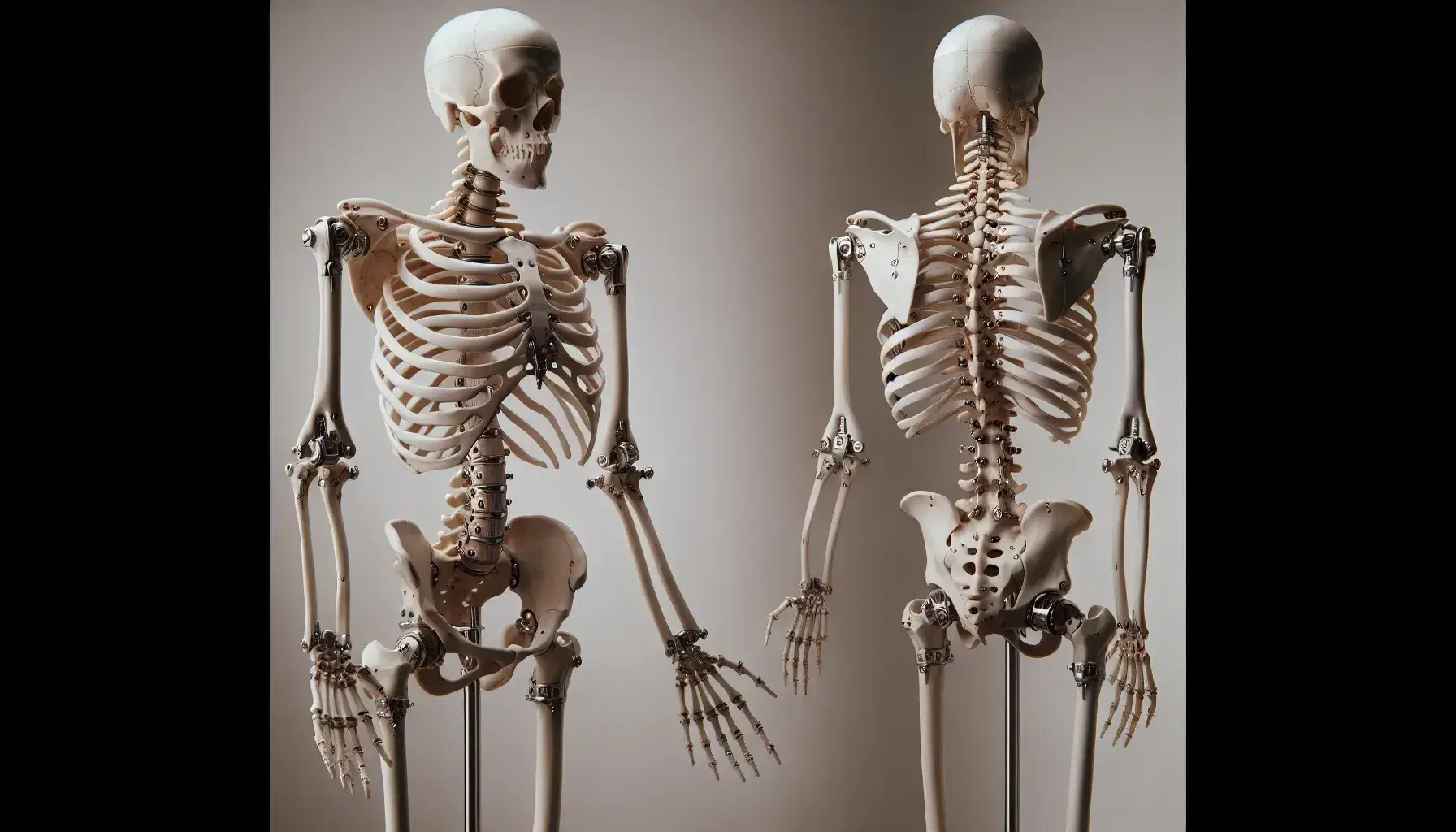 Esqueleto humano completo montado en soporte metálico, con brazos separados y palmas hacia adelante, mostrando curvatura natural de la columna y detalle de las articulaciones.