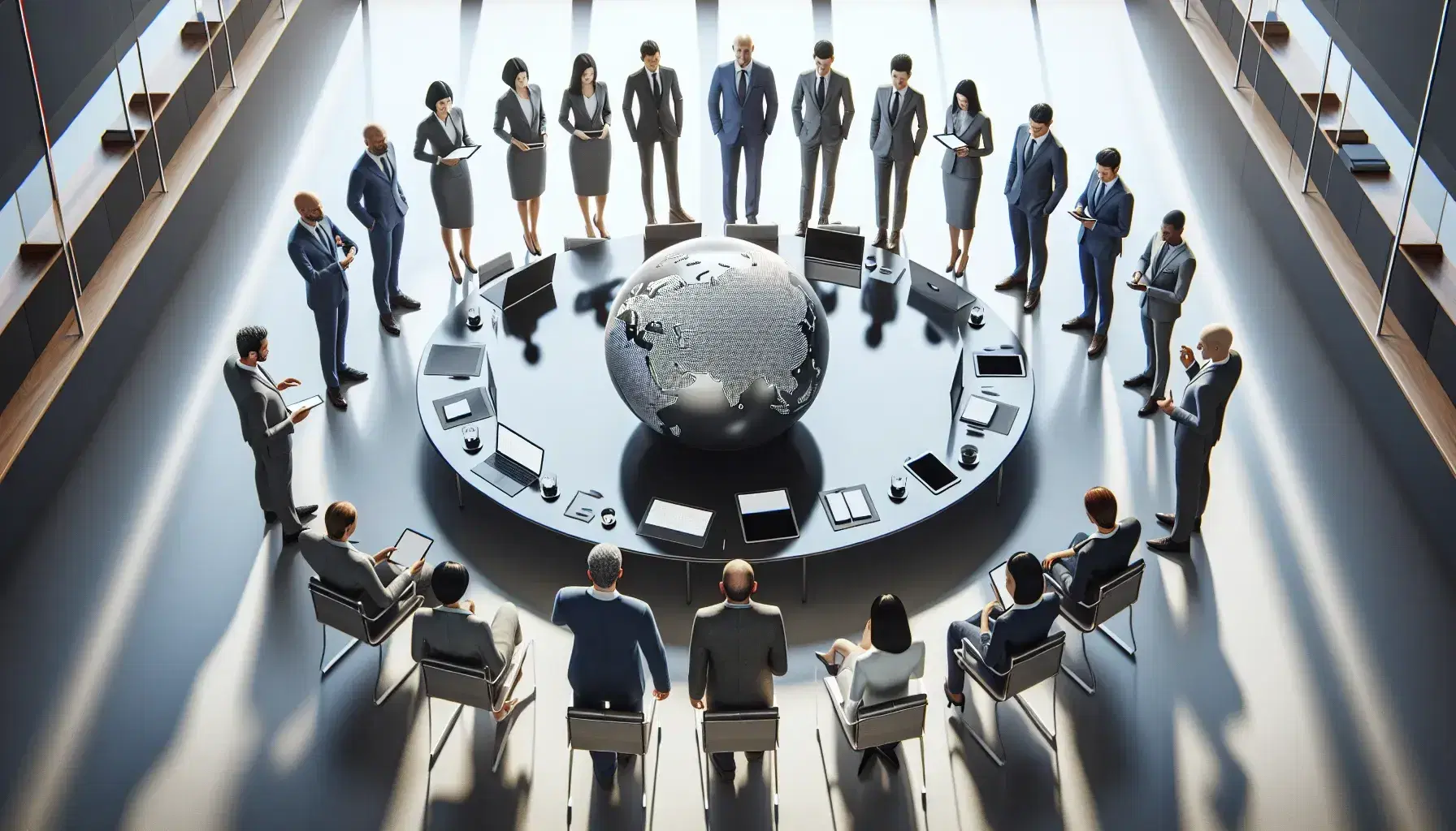 Grupo diverso de profesionales en reunión alrededor de una mesa de conferencias moderna con dispositivos electrónicos y un globo estilizado.