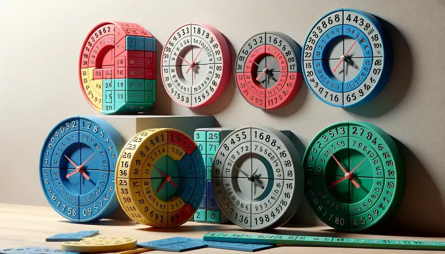 Colorful modular arithmetic clocks with red, blue, and green frames showing remainders on 12, 7, and 5-position faces against a gray background.
