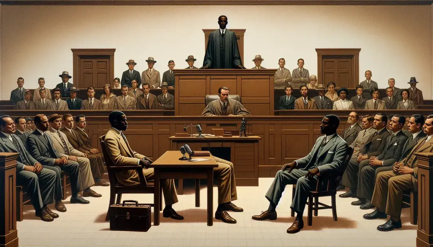 Courtroom scene with a defense table, two African American individuals seated, one lawyer and one young man, empty judge's bench, and spectator-filled benches.