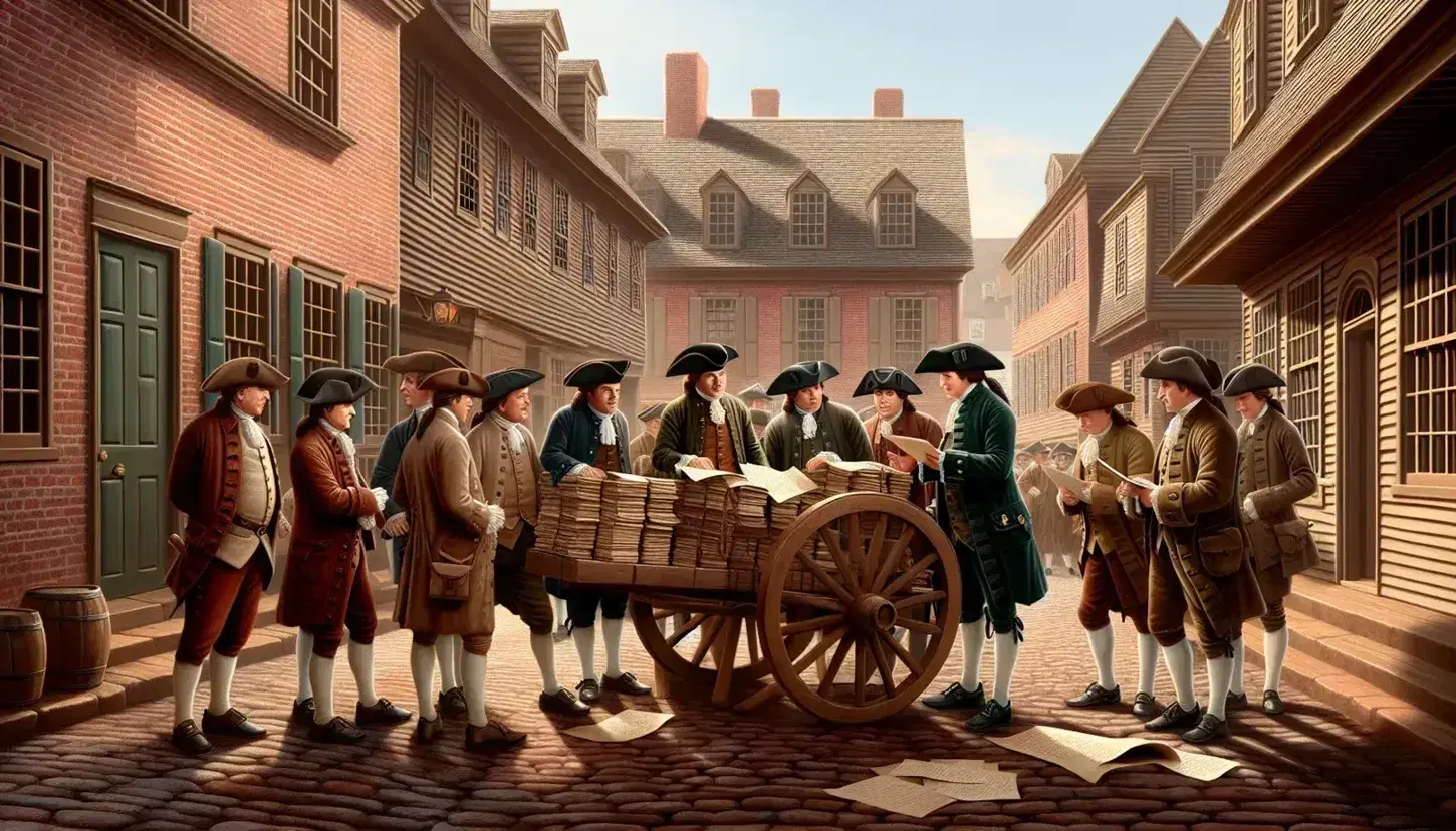 Colonial Americans in tricorn hats discuss papers on a cart in a mid-18th-century cobblestone street lined with period buildings under a clear blue sky.