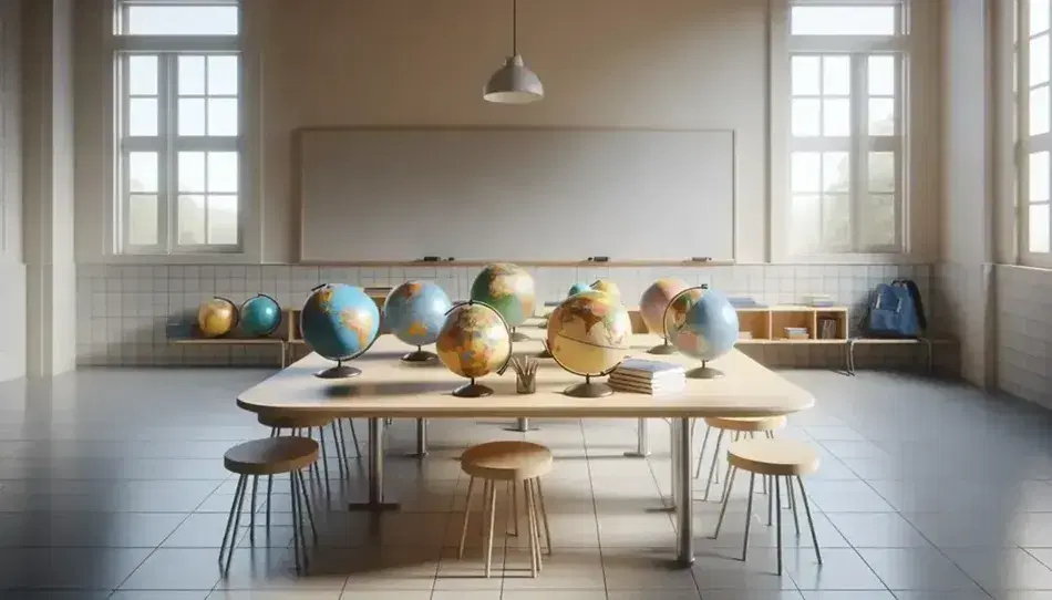 Aula con mesa de madera y globos terráqueos de colores, pizarra blanca al fondo, silla azul y mochila roja en el suelo, ventana con vista a árboles.