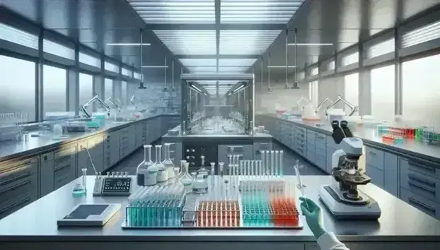 Laboratorio scientifico moderno con tavolo da lavoro, microscopio, pipette, provette colorate, bilancia digitale e cappa a flusso laminare.