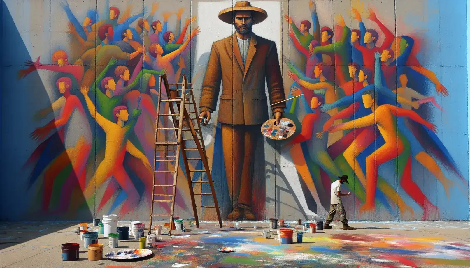 Mural colorido en proceso con hombre pintando sobre andamio, escalera de madera manchada de pintura y latas de colores alrededor.