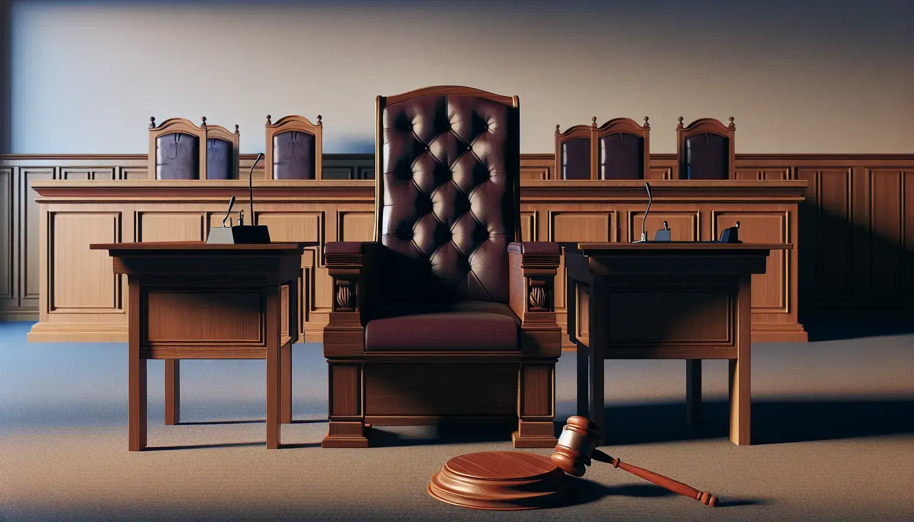 Traditional courtroom with dark wood judge's bench, burgundy leather chair, gavel, witness stands and gallery with light benches.