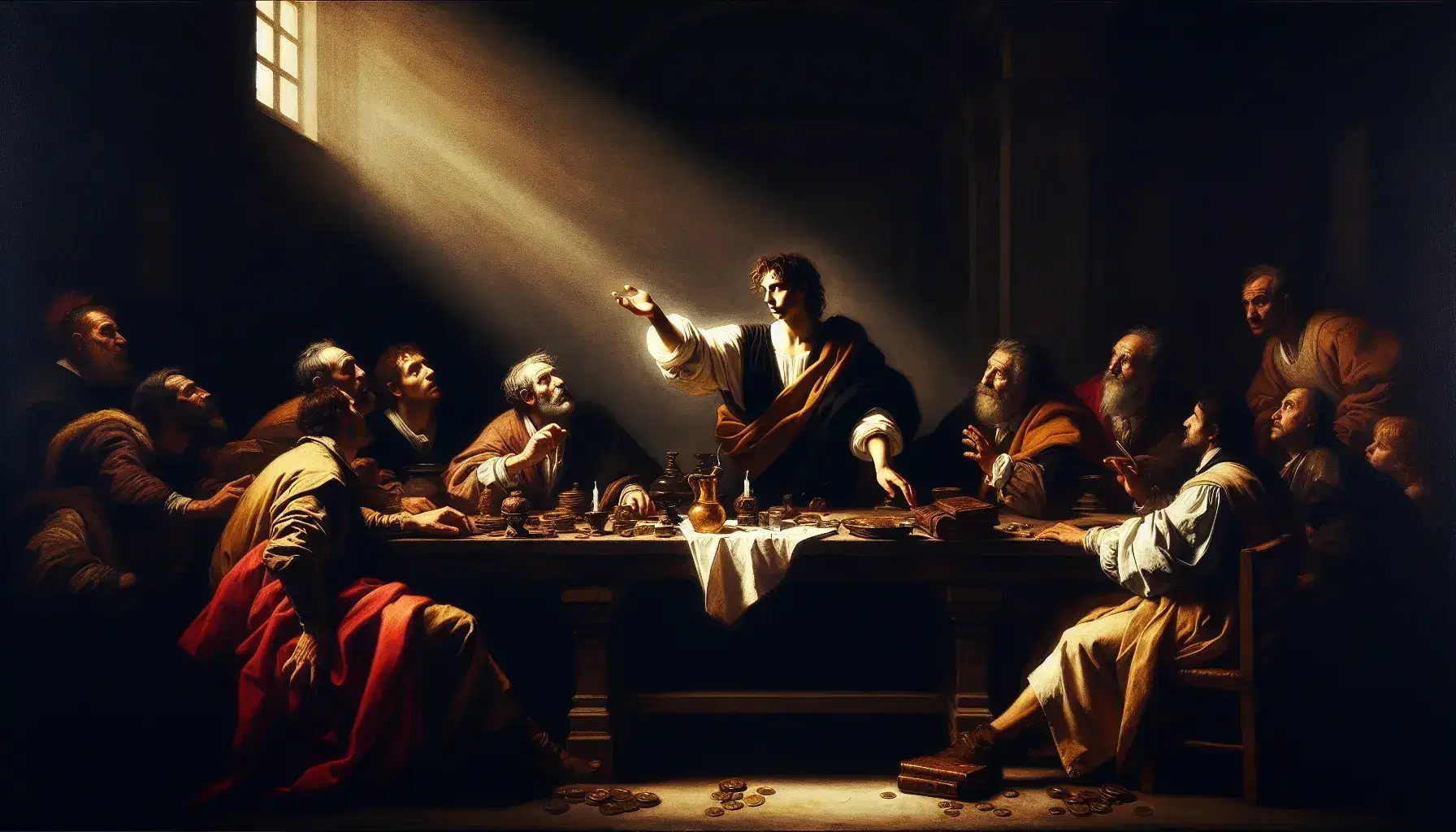 Dipinto barocco in stile Caravaggio con uso di chiaroscuro, raffigurante la chiamata di San Matteo, con sei figure in abiti d'epoca e dettagli dorati.