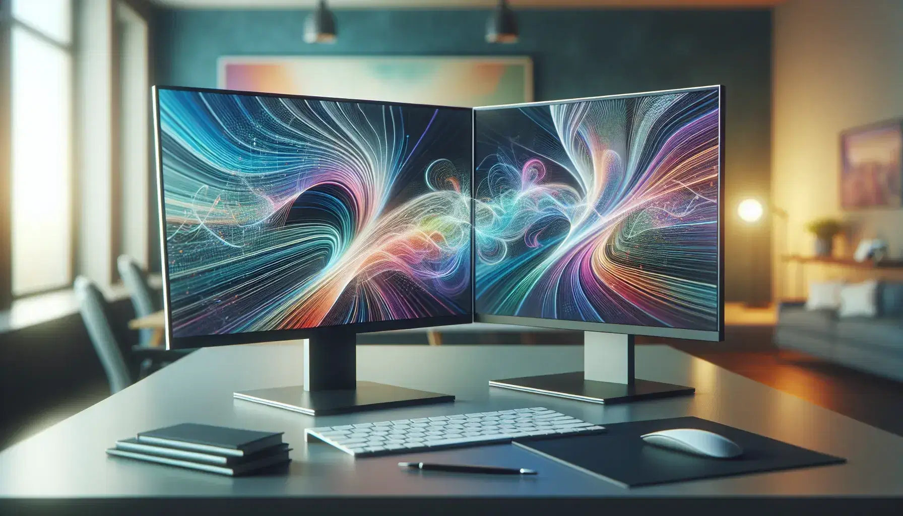 Minimalist dual-monitor computer setup on a clean desk, displaying vibrant abstract visuals with blues, greens, purples, and oranges, in a softly lit office environment.