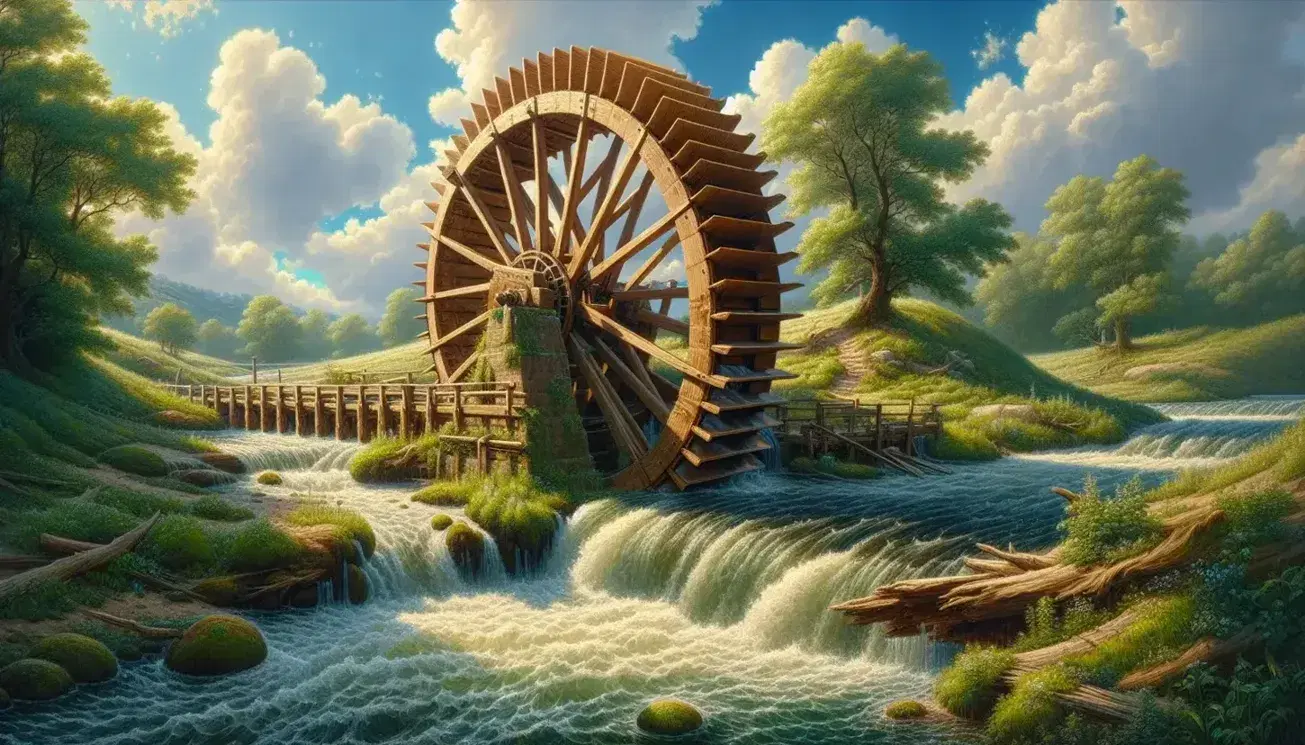 Rueda de agua de madera girando en un río con agua clara, rodeada de vegetación verde y un cielo azul con nubes blancas.