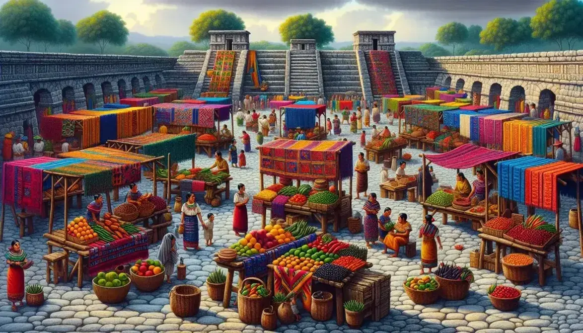 Mercado tradicional mesoamericano con puestos de madera y telas coloridas, personas en atuendos típicos intercambiando productos frescos y estructura de piedra antigua al fondo.