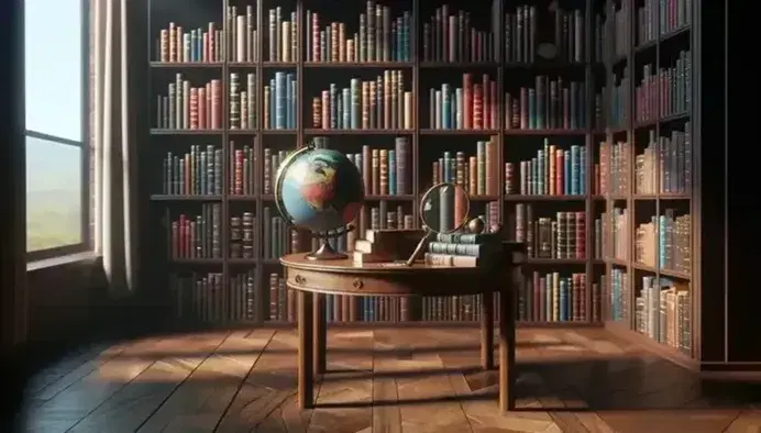 Biblioteca acogedora con estantes de madera oscura llenos de libros coloridos, mesa con globo terráqueo y lupa, y cortinas que filtran luz natural.