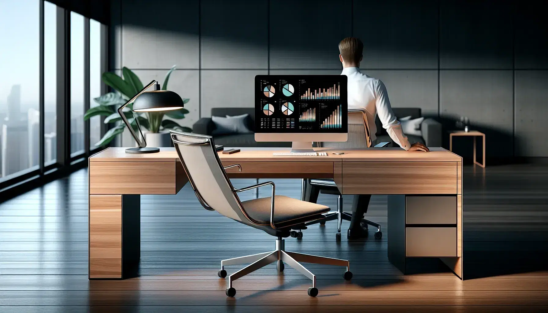 Modern office with L-shaped desk, ergonomic chair, and computer displaying graphs, complemented by a desk lamp, potted plant, and city view.