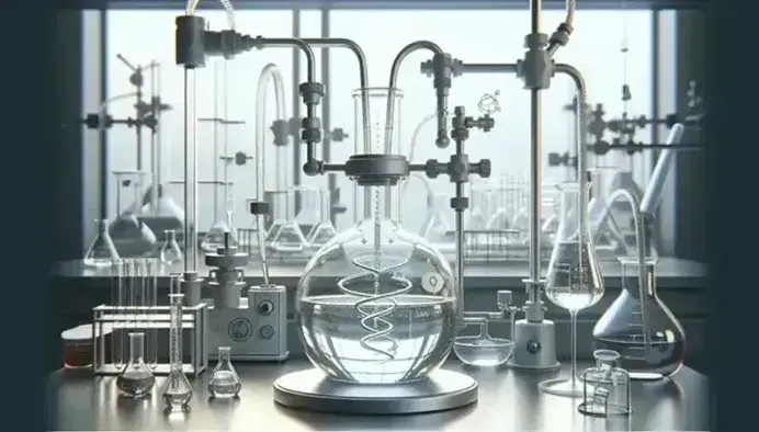 Laboratory setup with a round-bottom flask connected to a vertical condenser for reflux, on a jack above a magnetic stirrer, surrounded by various glassware.