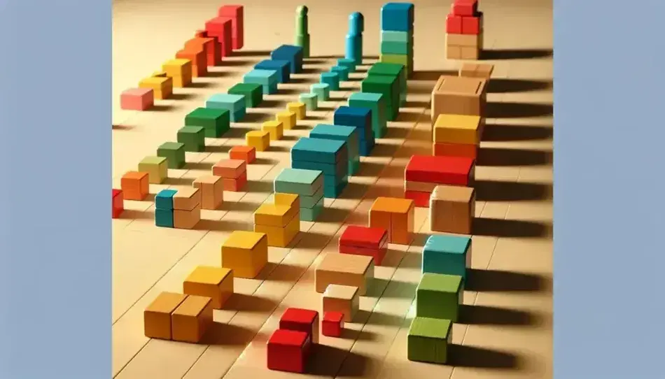 Bloques de madera de colores y formas geométricas variadas, incluyendo cubos y cilindros, dispuestos en secuencia sobre superficie clara con sombras suaves.