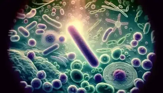 Vista microscópica de bacterias en laboratorio con bacilos morados grandes, bacterias esféricas y espirales, y organismos unicelulares con núcleos en verde y azul.