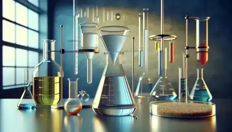 Mesa de laboratorio con material de vidrio, incluyendo un matraz Erlenmeyer con mezcla amarilla, cilindro graduado con líquido azul claro, embudo de separación con líquidos inmiscibles rojo y transparente, y una placa de Petri con granos de colores.