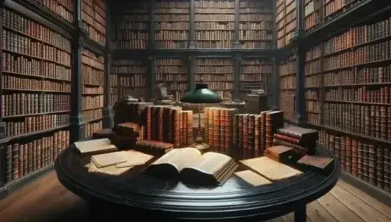 Biblioteca antica con scaffali in legno scuro pieni di libri rilegati, tavolo ovale con libri aperti e lampada da biblioteca.