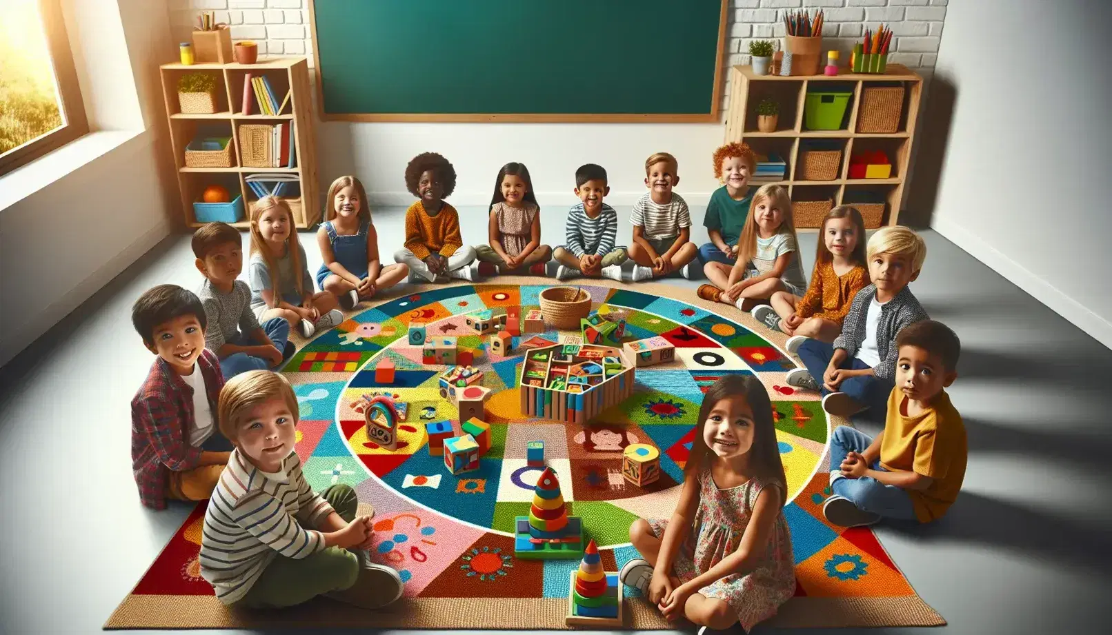 Niños sonrientes de diversas edades y razas sentados en semicírculo en una sala iluminada, jugando con bloques de construcción y rompecabezas sobre una alfombra colorida.