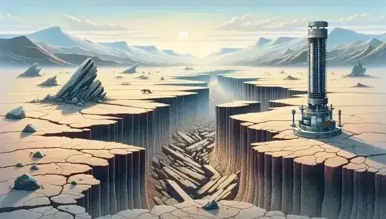 Faglia naturale nel terreno con strati di roccia e seismografo metallico in primo piano, sotto un cielo azzurro con nuvole sparse.