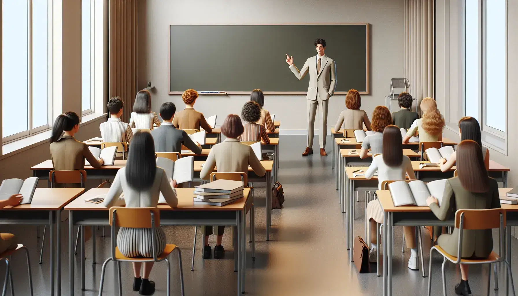 Teacher gesturing to chalkboard in front of attentive students in a classroom, with one student raising hand, symbolizing active learning and engagement.