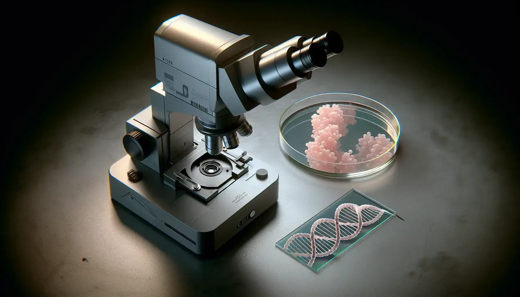 Microscopio elettronico a trasmissione grigio metallico con coltura cellulare in piastra di Petri e vetrino con DNA colorato rosa in laboratorio.