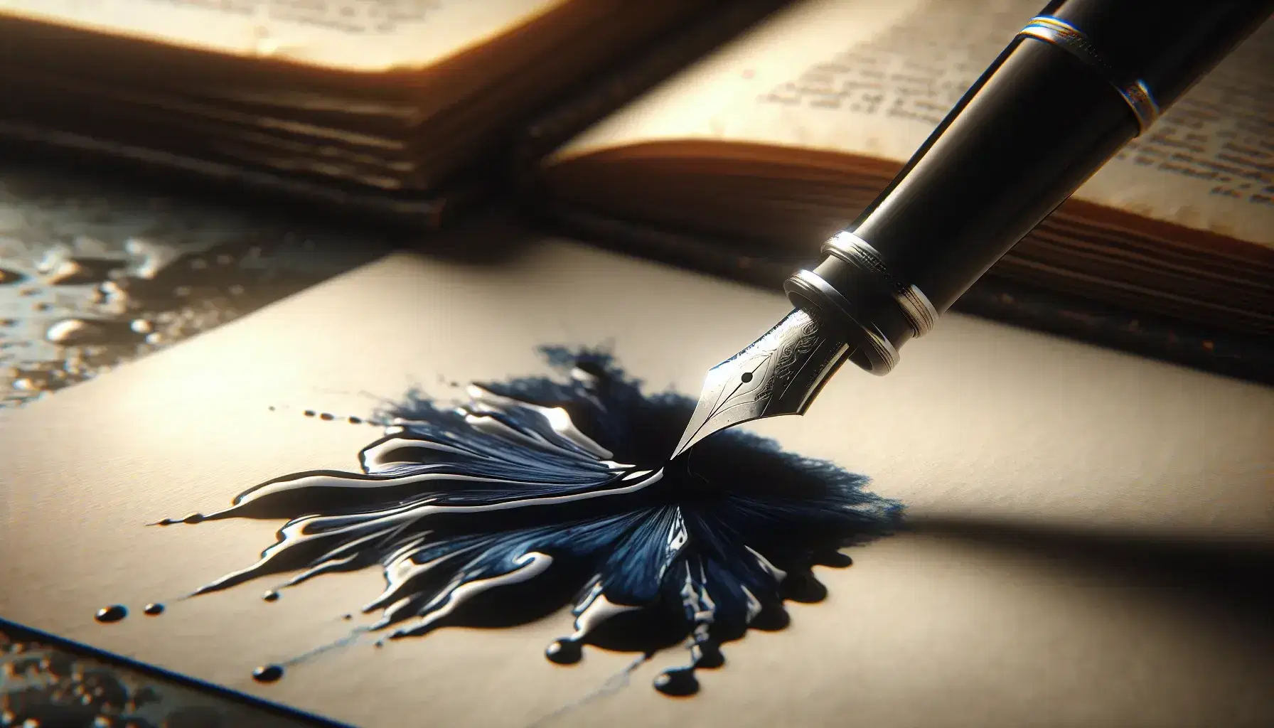 Primo piano di una penna stilografica che versa inchiostro blu scuro su carta bianca, con sfondo sfocato di libro aperto.