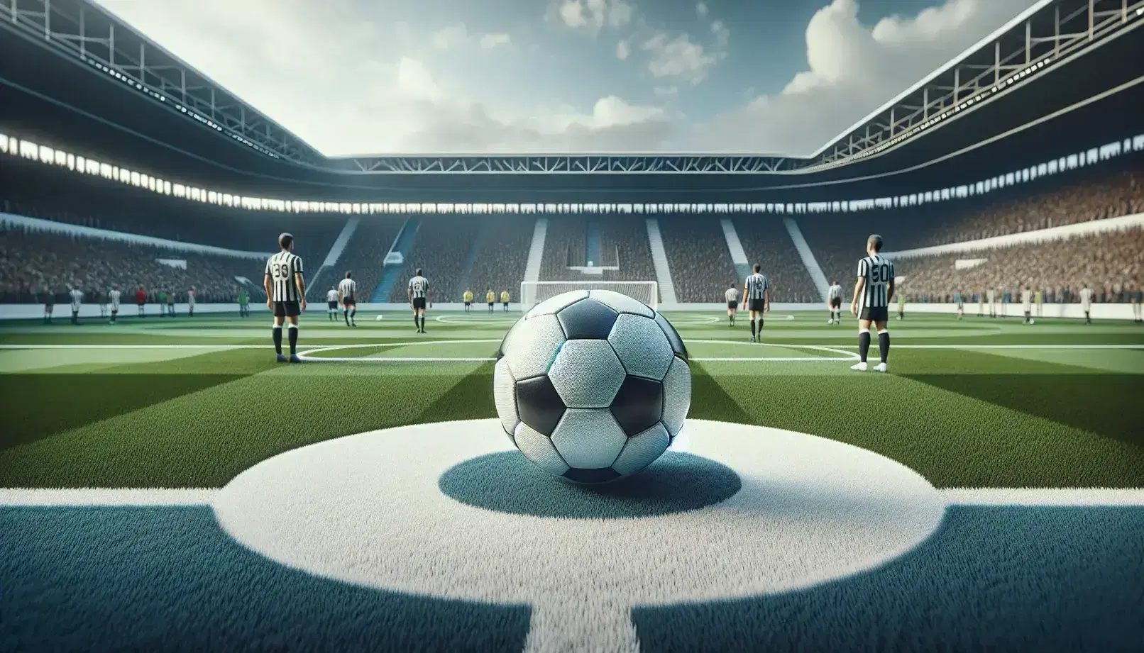 Pallone da calcio tradizionale posizionato al centro del cerchio di un campo da gioco, con giocatori in divise a strisce e spettatori sullo sfondo.