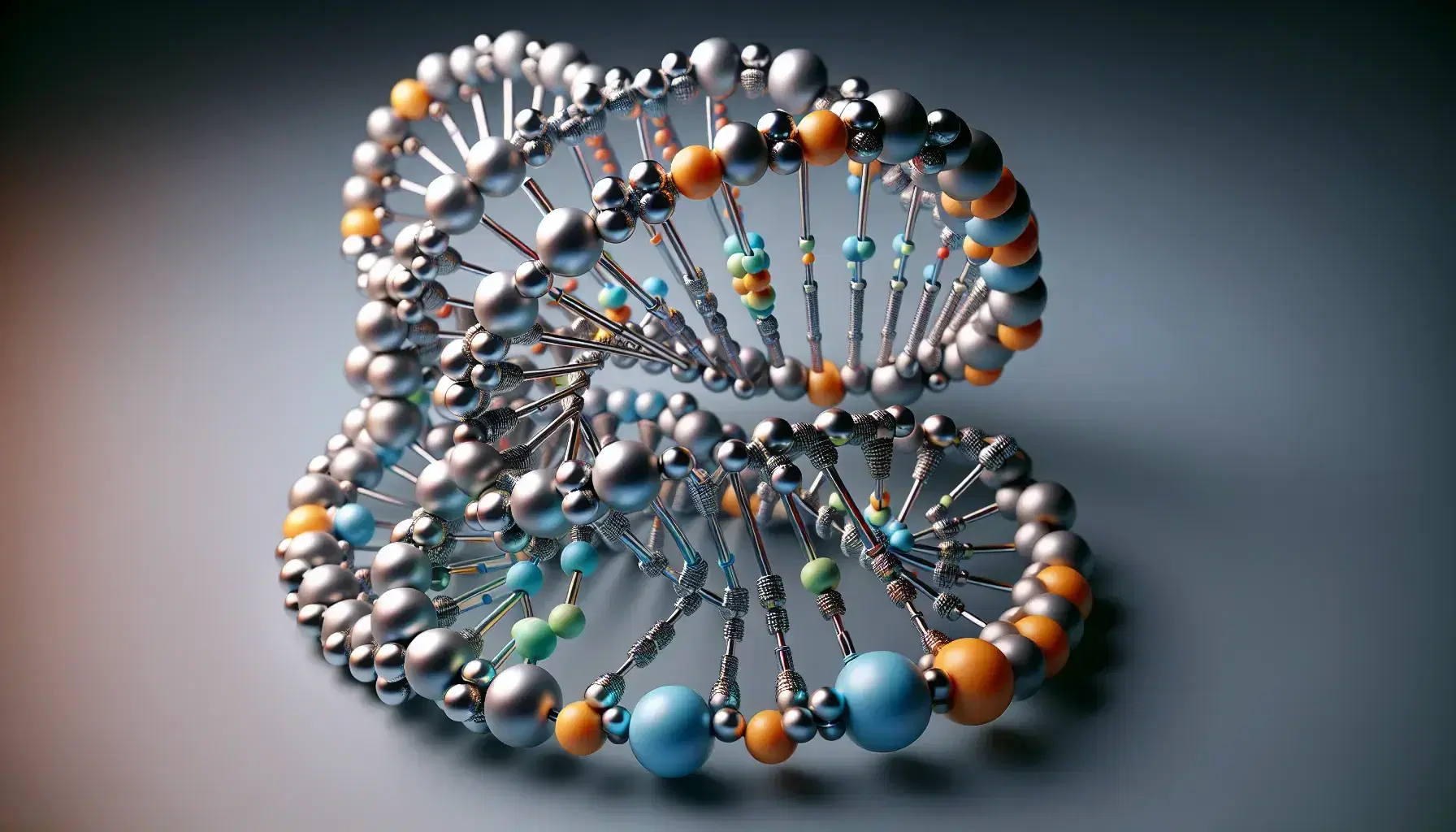 Three-dimensional model of DNA double helix with colored sticks and spheres representing nitrogenous bases and hydrogen bonds on a light background.