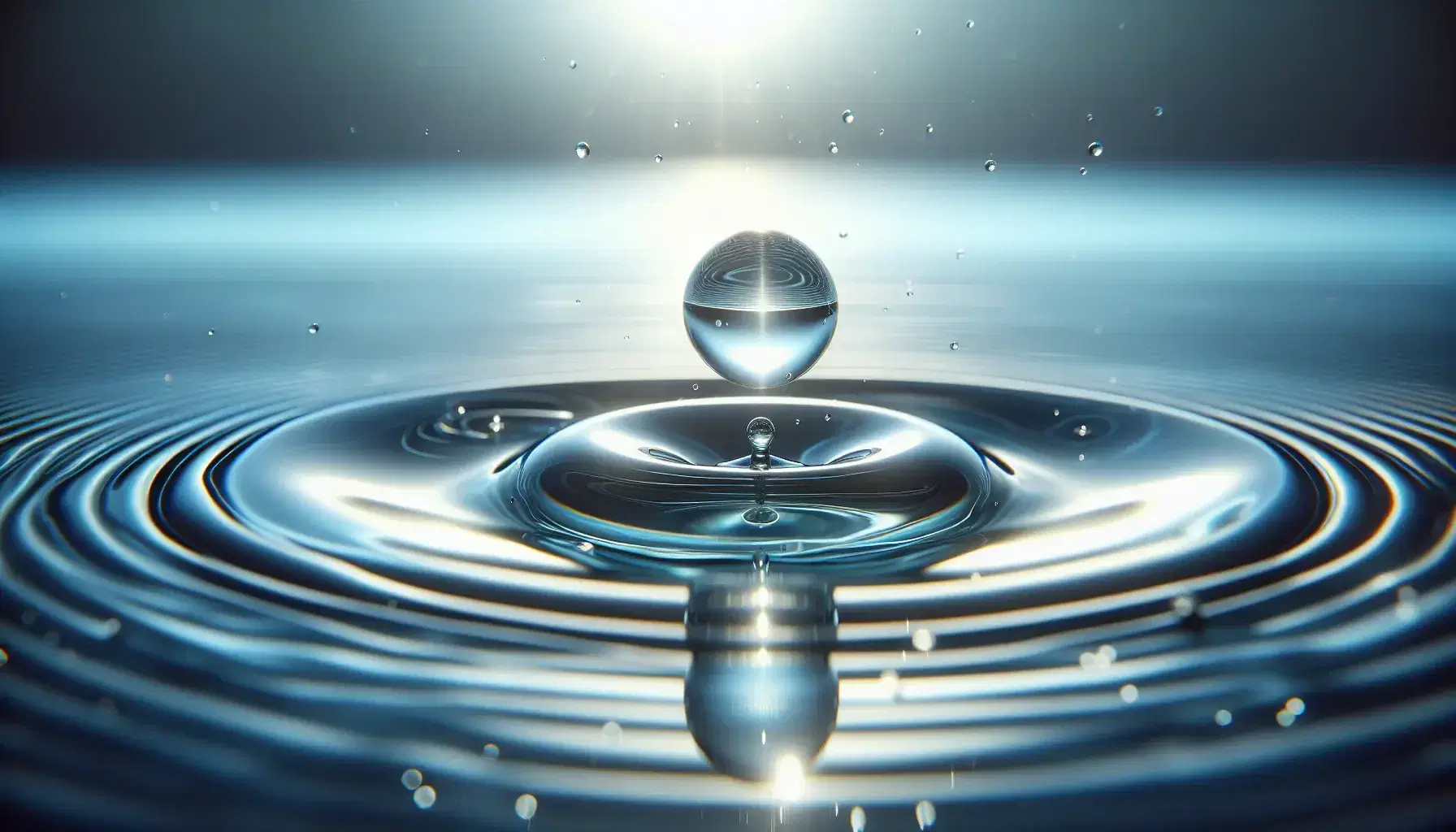 Gota de agua suspendida a punto de impactar en superficie líquida con ondas concéntricas y reflejos de luz, en un fondo desenfocado de tonos azules y verdes.