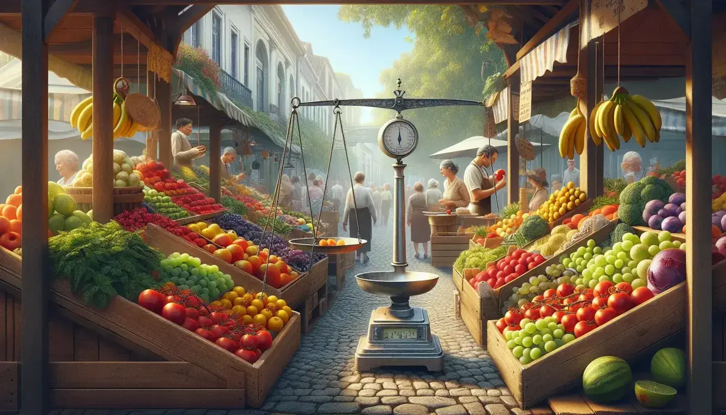 Vibrant outdoor market scene with colorful fresh produce on wooden stalls, shoppers examining fruits, and vendor using a balance scale on a sunny day.