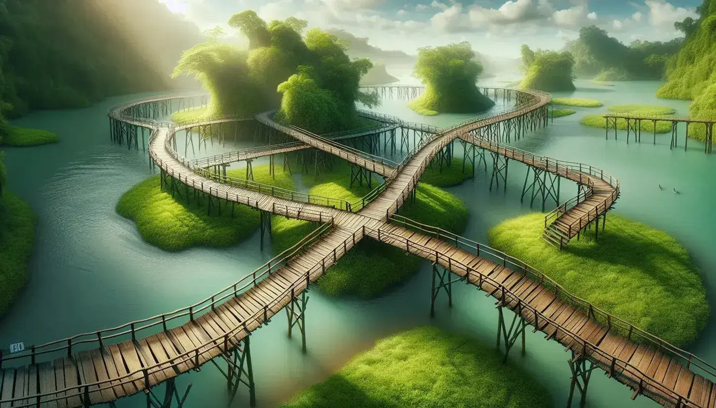 Ponti di legno intrecciati su fiume cristallino in paesaggio naturale con alberi verdi e cielo azzurro.