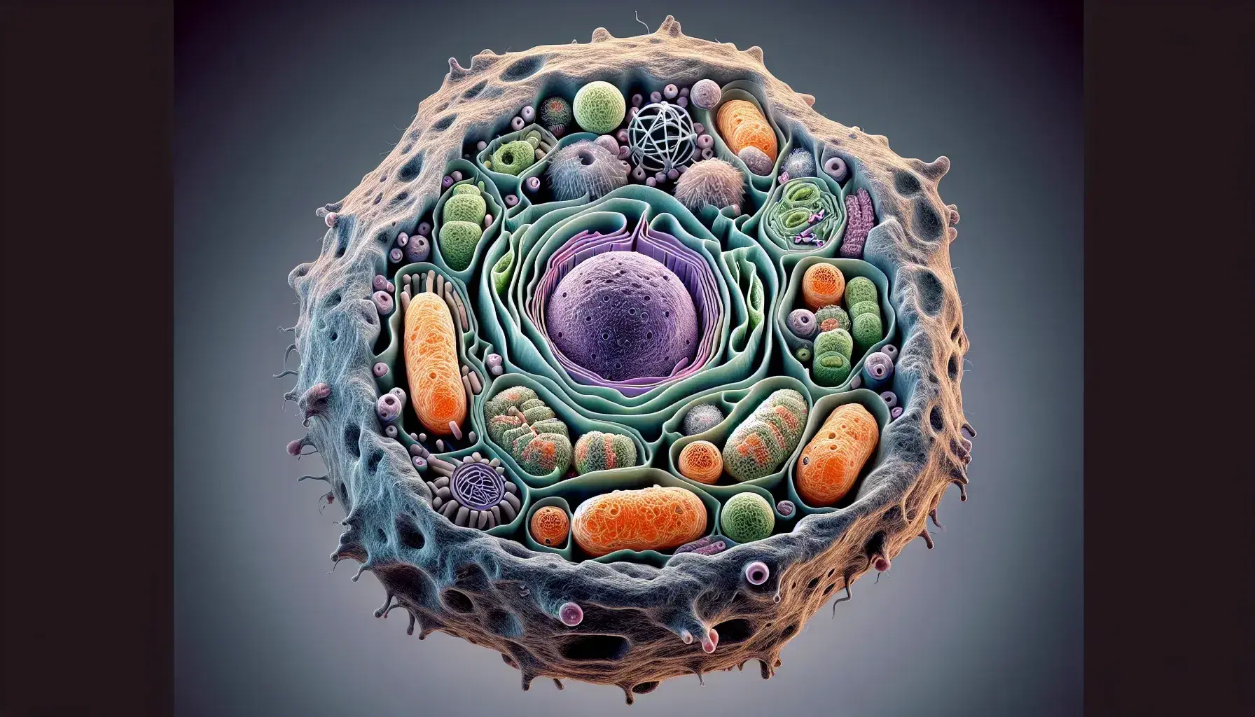 Vista microscópica de célula eucariota con núcleo púrpura, cromatina, nucleolo, mitocondrias naranjas, cloroplastos verdes y membrana plasmática.
