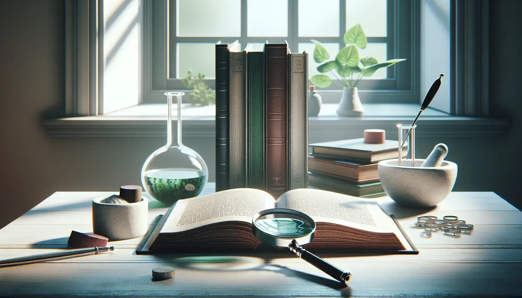 Neatly organized study desk with an open book, magnifying glass, colorful stacked books, a flask with green liquid, and a mortar with herbs.